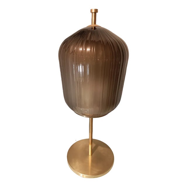 Large Satin Brass & Ribbed Milky Glass Floor Lamp For Sale
