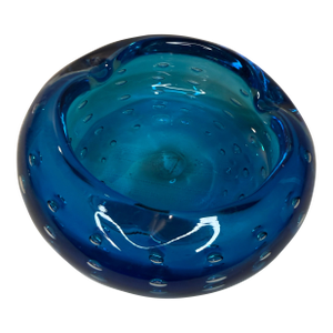 Mid-Century Modern Controlled Bubble Bi-Color Blue Art Glass Bowl