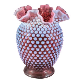 Large Midcentury Fenton Cranberry Hobnail Opalescent Vase 7.5" For Sale