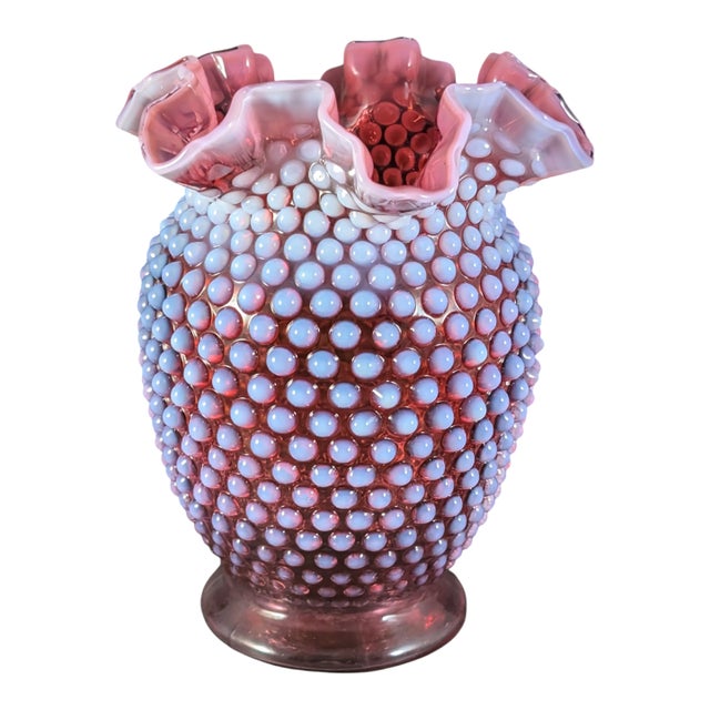 Large Midcentury Fenton Cranberry Hobnail Opalescent Vase 7.5" For Sale