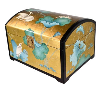 Vintage Chinoiserie Lacquered Gold Foil Cranes & Lotus Trunk For Sale