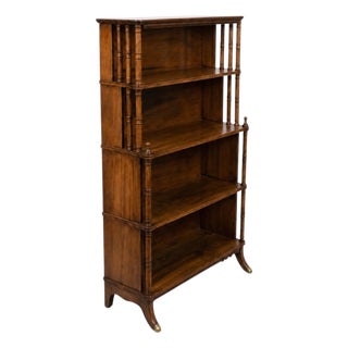 1970s Regency Revival Faux Bamboo Carved Walnut Bookcase For Sale
