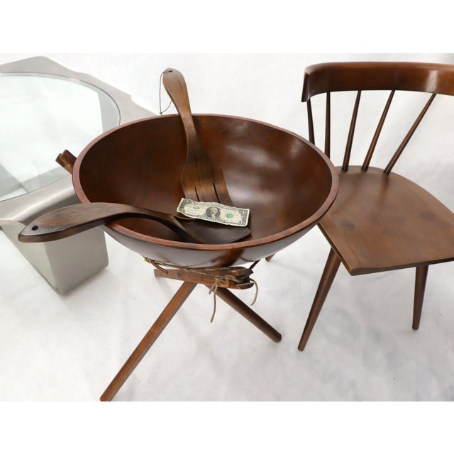 Brown Extra Large Turned Teak Wood Salad Bowl on Tripod Stand For Sale - Image 8 of 10