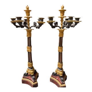 Pair of Antique 19c French Empire Gilt Bronze & Rouge Marble Candelabra For Sale