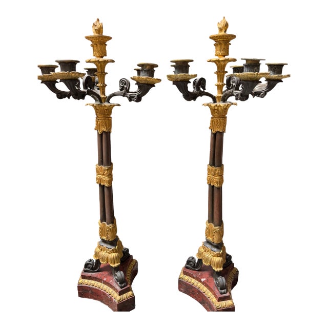 Pair of Antique 19c French Empire Gilt Bronze & Rouge Marble Candelabra For Sale
