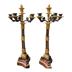 Pair of Antique 19c French Empire Gilt Bronze & Rouge Marble Candelabra