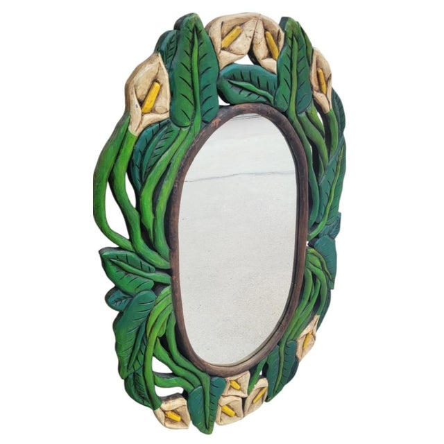 Chelsea House Inc Carved Wood Tropical Folk Art Calalily Green Leaf Oval Wall Mirror For Sale - Image 4 of 8