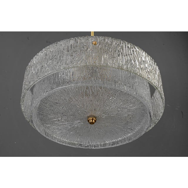 Round Textured Glass Ring and Brass Pendant Lamp by J. T. Kalmar, 1950s For Sale - Image 11 of 18