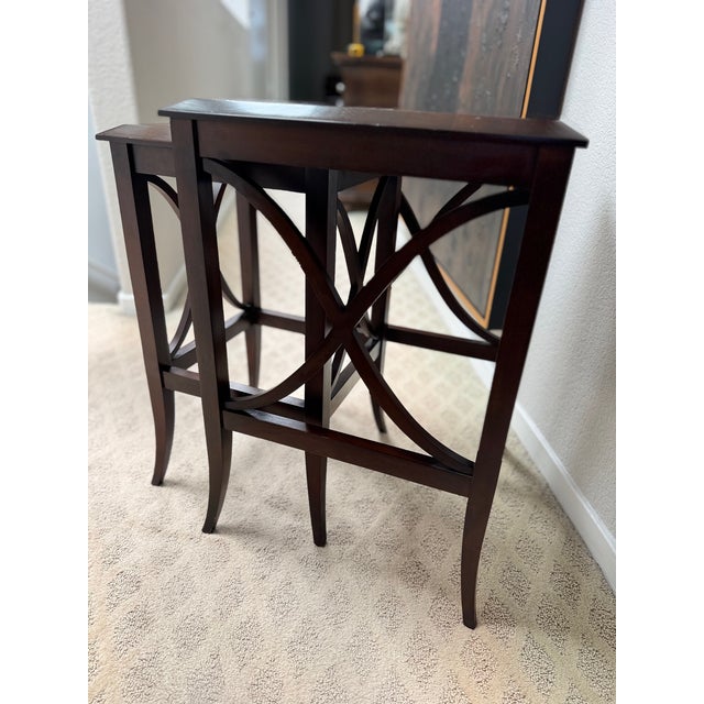 Pair of Mahogany Nesting Tables With Curved X-Form Base, Transitional Style For Sale In Los Angeles - Image 6 of 9