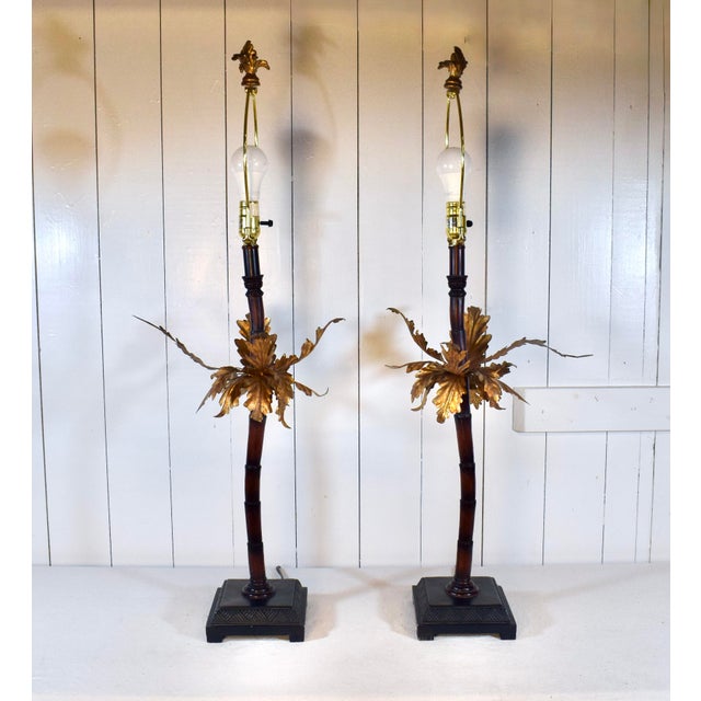 Hollywood Regency Vintage Maitland Smith Palm Tree Table Lamps, Gold Gilt, 1990s For Sale - Image 3 of 10