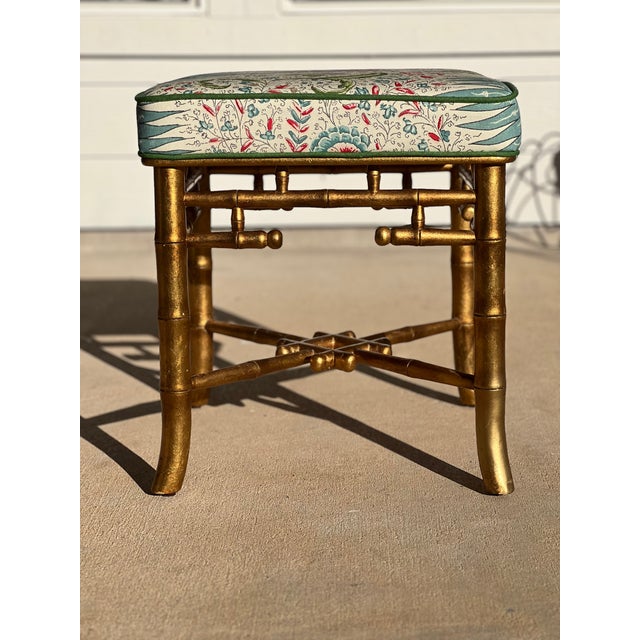 Chinese Chippendale Giltwood Faux Bamboo Bench in Quadrille Les Indiennes For Sale - Image 14 of 18