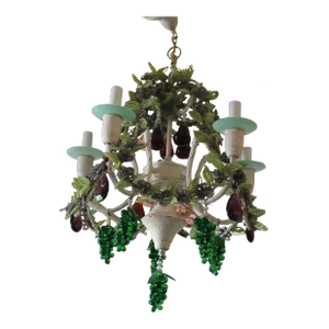 19thc French Art Nouveau Beaded Crystal Verde/ Amethyst "Flowers on Vines" Chandelier
