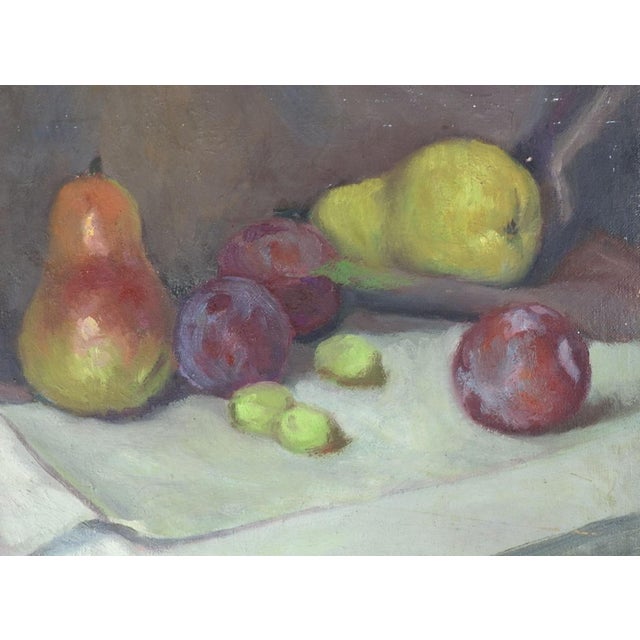 Early 20th century oil on canvas board still life with pears and plums. Unsigned. Unframed, edge and corner wear.