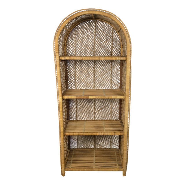 Vintage Boho Chic Rattan Shelving Unit With Arched Top For Sale