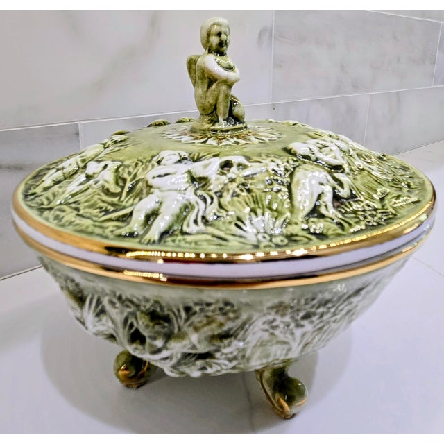 Capodimonte Vintage R. Capodimonte Italian Porcelain Covered Dish With Putti & Birds, Footed Green Gold Compote For Sale - Image 4 of 13