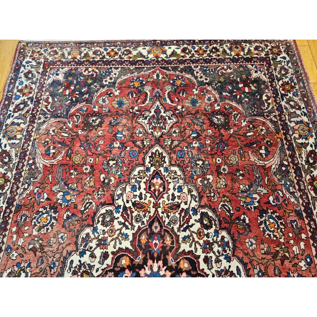 Vintage Persian Bakhtiari Rug, Handwoven Wool, Medallion Floral Pattern, Brick Red & Ivory, 7x11 For Sale - Image 14 of 15