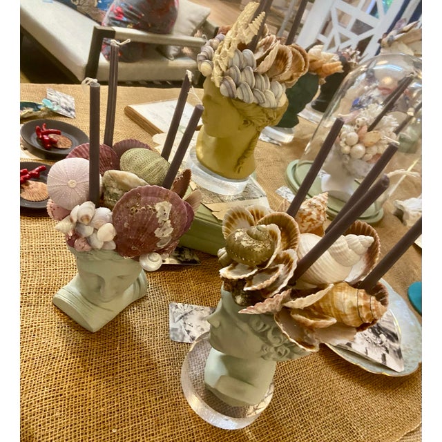Shell-Encrusted Bust in Farrow & Ball “Blue Gray” With Candle Holders For Sale - Image 9 of 12