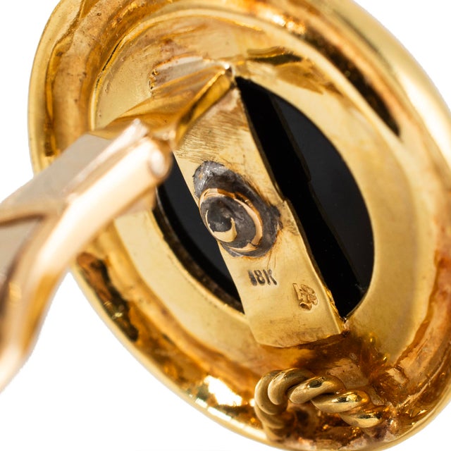 Vintage Oscar Heyman and Bros. 18k Yellow Gold Onyx Diamond Clip on Earrings, A Pair For Sale - Image 9 of 9