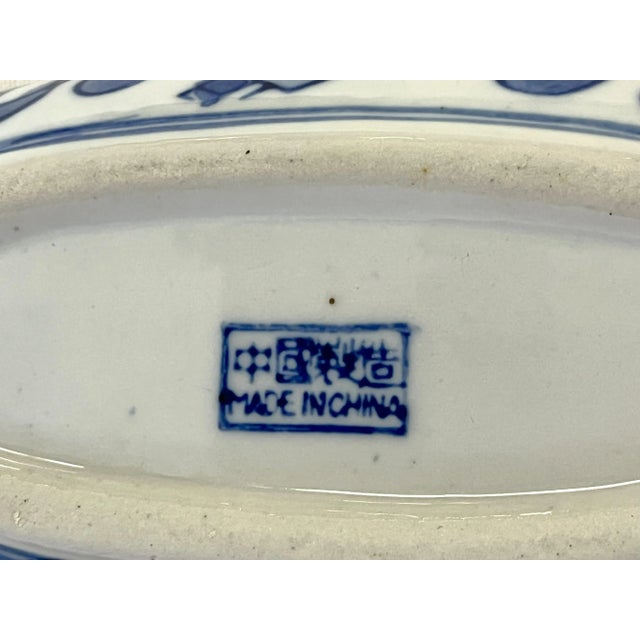 Vintage Blue and White Porcelain Oval Box For Sale - Image 9 of 9