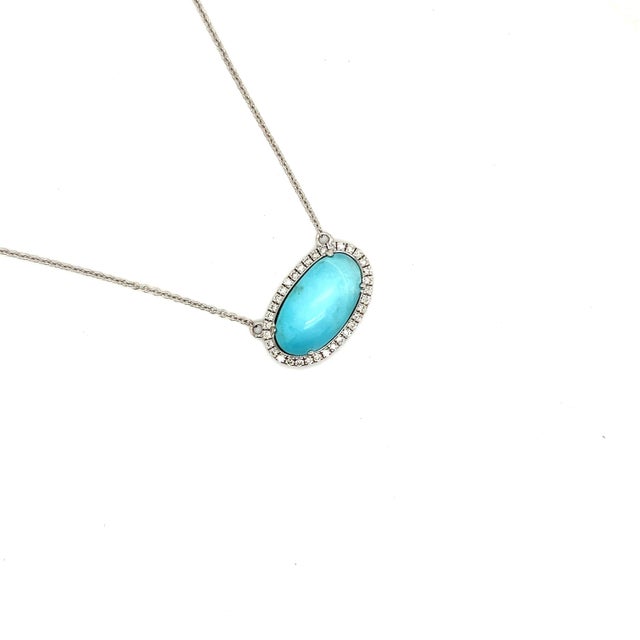 Persian Persian Turquoise Diamond Halo Pendant with Chain 14k WG 8.1 TCW Certified For Sale - Image 3 of 7