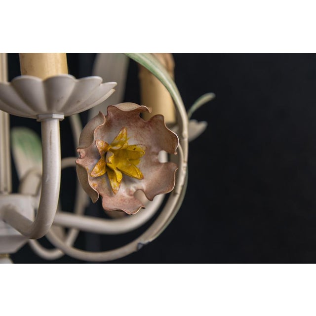 Cream Hollywood Regency Style Floral Painted Metal Four-Light Chandelier, France For Sale - Image 8 of 18