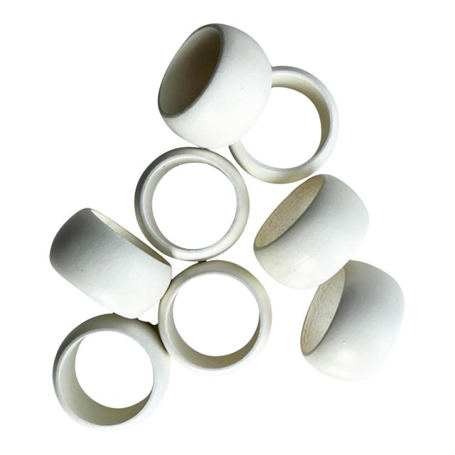 1970s Sculptural Matte White Ceramic Napkin Rings, Minimalist Tabletop - Set of 8 For Sale