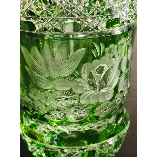 Art Nouveau Signed Meissen Green Cut‑to‑Clear Tall Crystal Vase – Hand‑Engraved Midcentury German Art Glass For Sale - Image 3 of 8