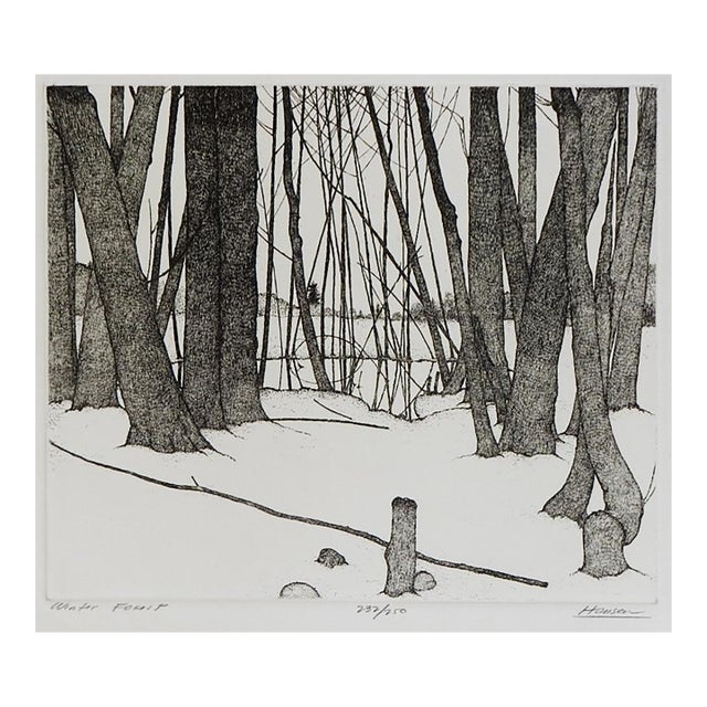 Late 20th Century Snowy Winter Forest Landscape Etching For Sale