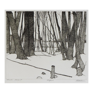 Late 20th Century Snowy Winter Forest Landscape Etching