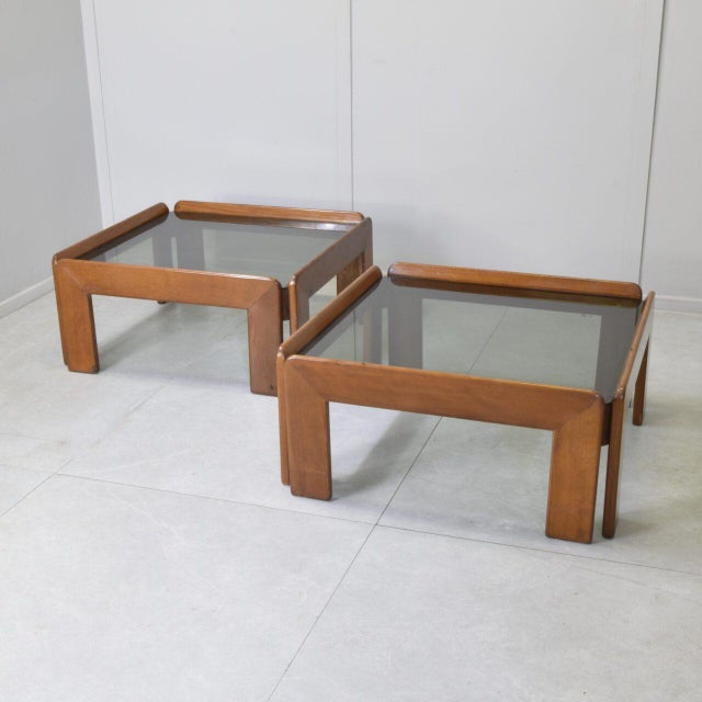 Italian Walnut and Smoked Glass Coffee Tables by Afra & Tobia Scarpa, 1970s, Set of 2 For Sale - Image 6 of 9