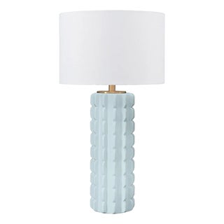 Matthew Izzo Home Cece Light Blue Scalloped Ceramic Table Lamp With Linen Drum Shade For Sale