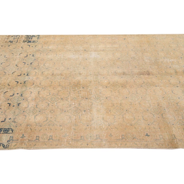 Textile 1960s Vintage Distressed Handmade Geometric Beige Wool Runner For Sale - Image 7 of 9