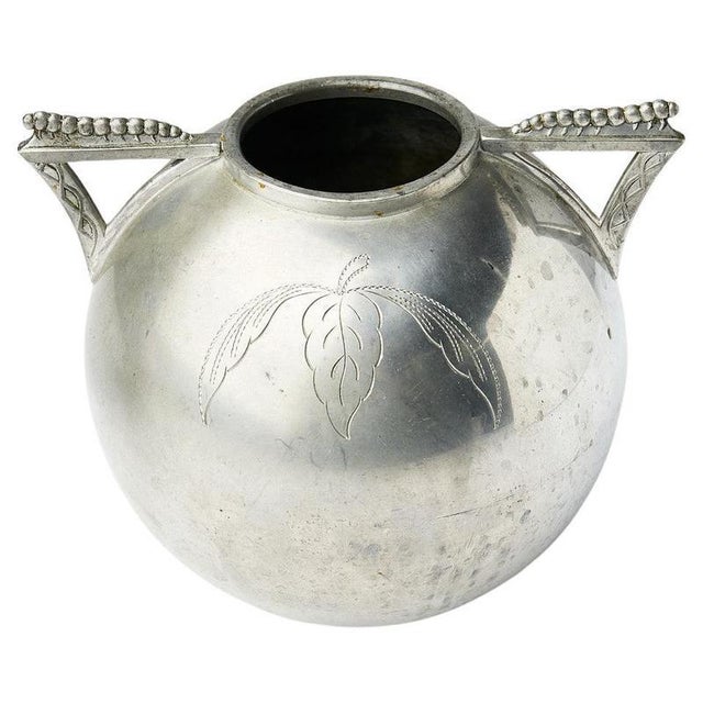 Metal Swedish Pewter Vase with Leaf Motif and Triangular Handles from L&L, 1935 For Sale - Image 7 of 7