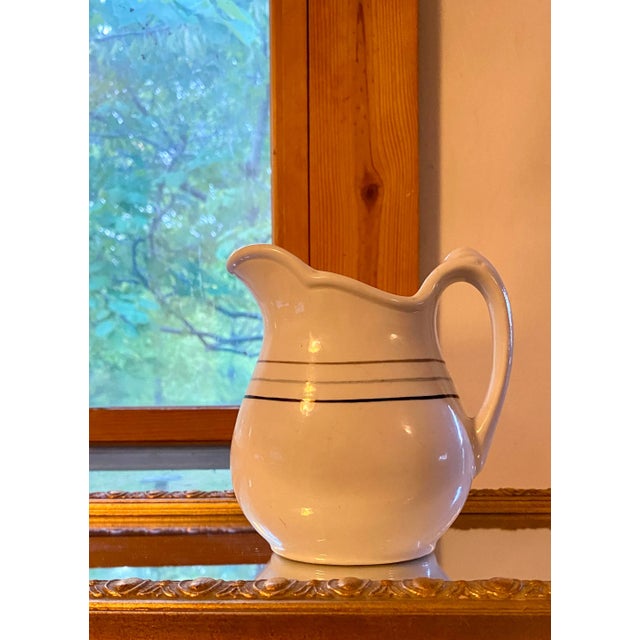 1920s 1920s Small Antique Iroquois Milk Jug/ Syrup / Gravy White W/ Black, Blue, Grey 3 Stripe For Sale - Image 5 of 7