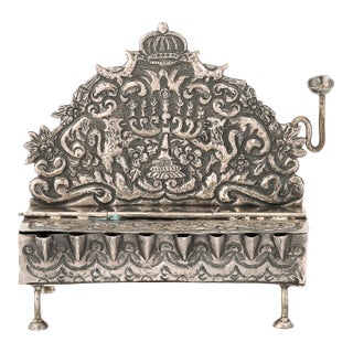 Baroque 19th Century Hand-Worked Repoussé Sterling Oil Lamp Footed Menorah For Sale