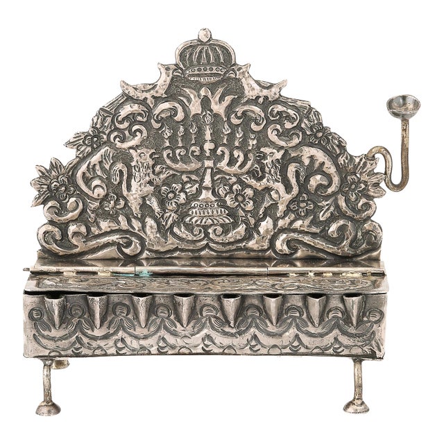 Baroque 19th Century Hand-Worked Repoussé Sterling Oil Lamp Footed Menorah For Sale