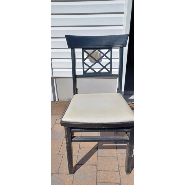 Set of 4 Black wood/white seat Louis Rastetter & Sons Co. Solid Kumfort chairs. Probably purchased in the 1940s, the...