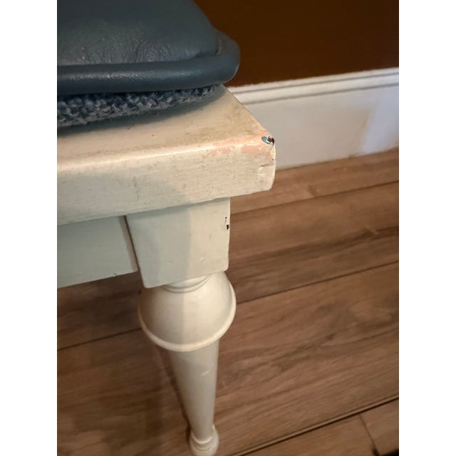 Mid-Century Modern Vintage Cane and Wood Vanity Chair With Custom Blue Leather Tufted Cushion For Sale - Image 3 of 15