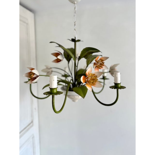 Vintage French Painted Tole 5-Light Water Lily Chandelier, 1960s For Sale - Image 12 of 18