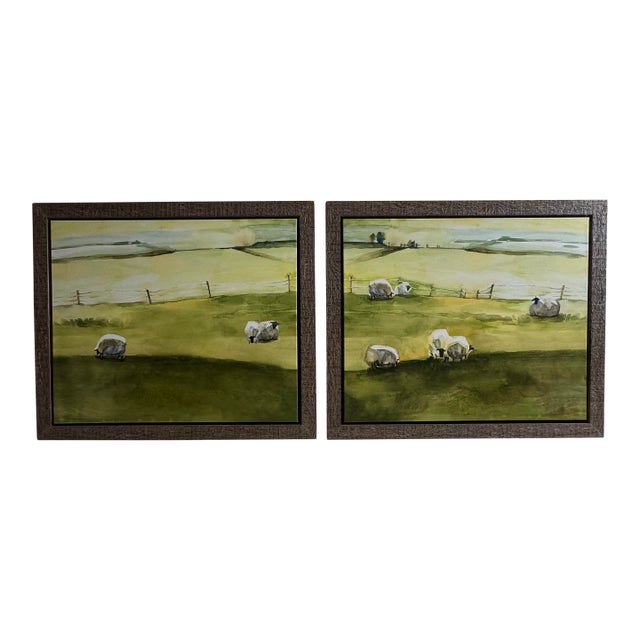 Leftbank Art Framed Pastoral Landscape Paintings With Sheep, Pair For Sale