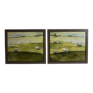 Leftbank Large Pastoral Sheep Landscape Prints Art Framed Pair – Set of 2 Modern Farmhouse Wall Art For Sale