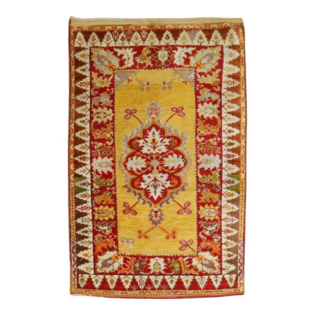 Early 20th Century Zabihi Collection Bright Yellow Turkish Melas Rug - 3'3" x 4'8" For Sale