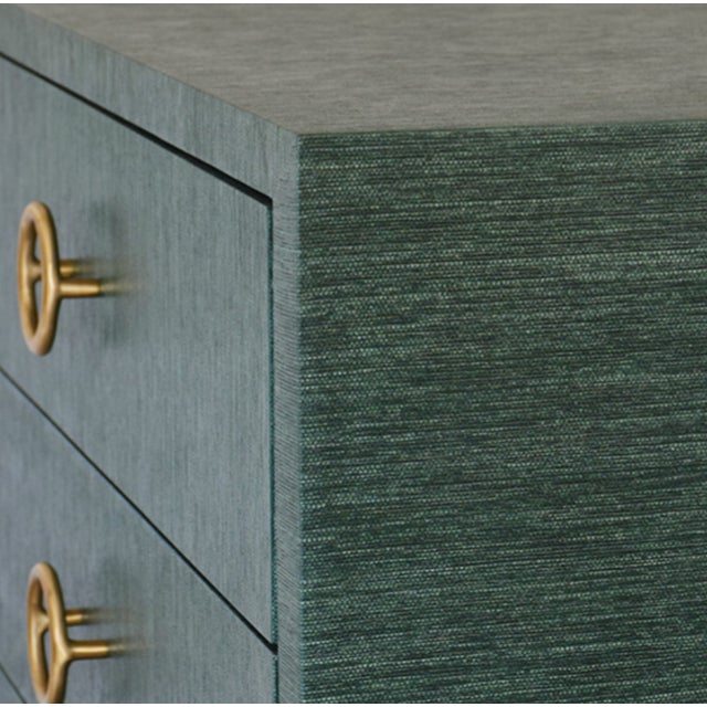 Worlds Away Matthew Izzo Home Getty Green Grasscloth Three Drawer Chest With Antique Brass Circle Drawer Pull For Sale - Image 4 of 7