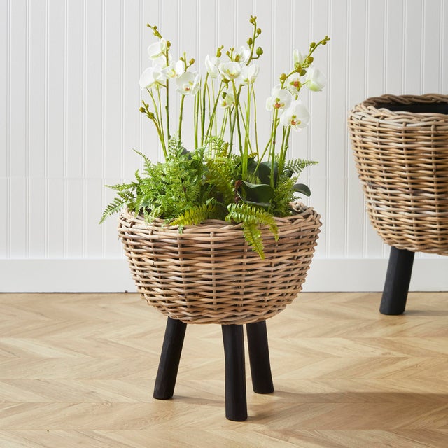 Coastal Woven Rattan Dry Basket Plant Riser 17" For Sale - Image 3 of 5