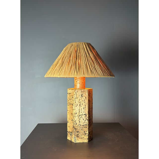 Mid-Century Boho Cork Table Lamp with Raffia Shade in the style of Ingo Maurer, 1970s For Sale - Image 18 of 18