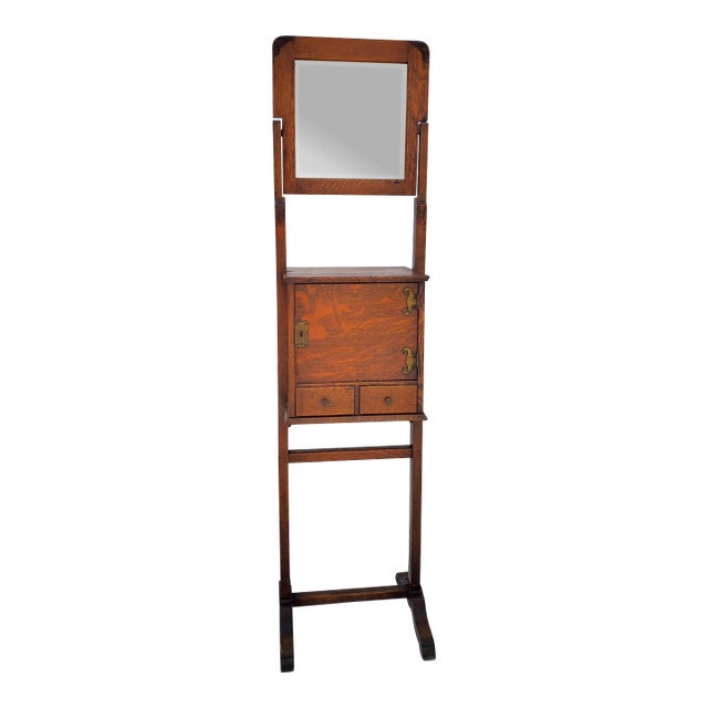 Antique Arts & Crafts Tiger Oak Shaving Stand With Adjustable Mirror Circa 1910s For Sale