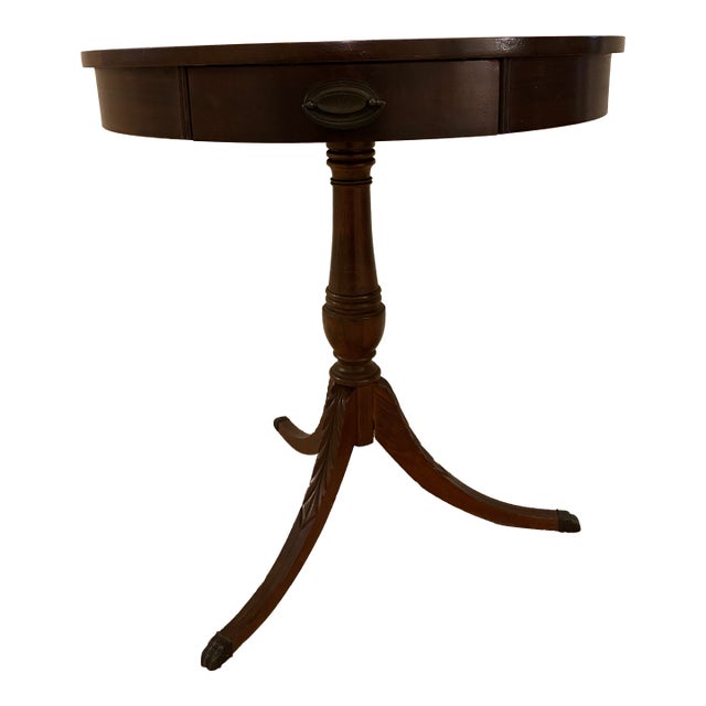 Vintage Mersman Round Pedestal Side Table With Drawer & Claw Feet For Sale