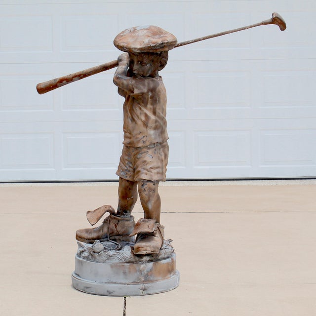 Figurative Vintage Life-Size Boy Golfer Garden Statue – Faux Bronze Resin Sculpture by Jim Davidson, Signed Mold Marking, Circa 1980s–1990s For Sale - Image 3 of 15