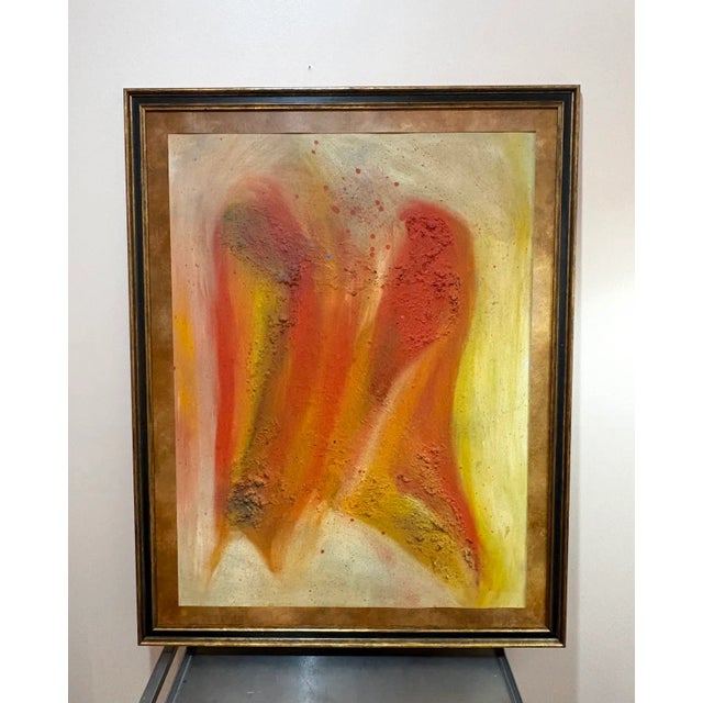 1950s-60s large midcentury orange/yellow textured abstract painting in wood frame. Unsigned. Excellent condition. Measures...