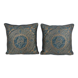 Authentic Fortuny Aquamarine Velvet & Gold Pillows, Italy, 21st Century For Sale